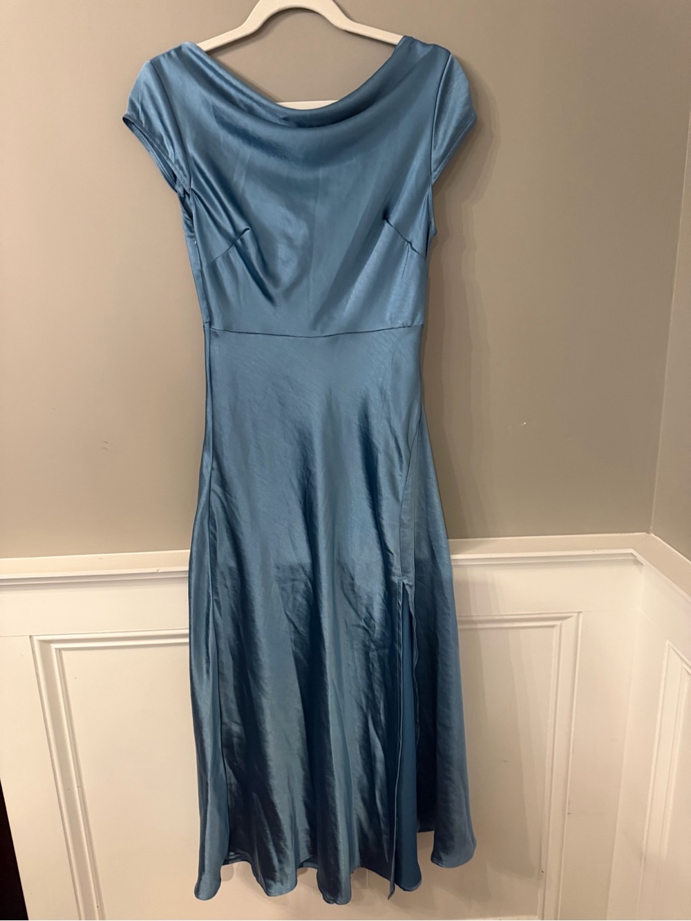 Satin Cowl-Neck Midi Dress in Dusty Blue